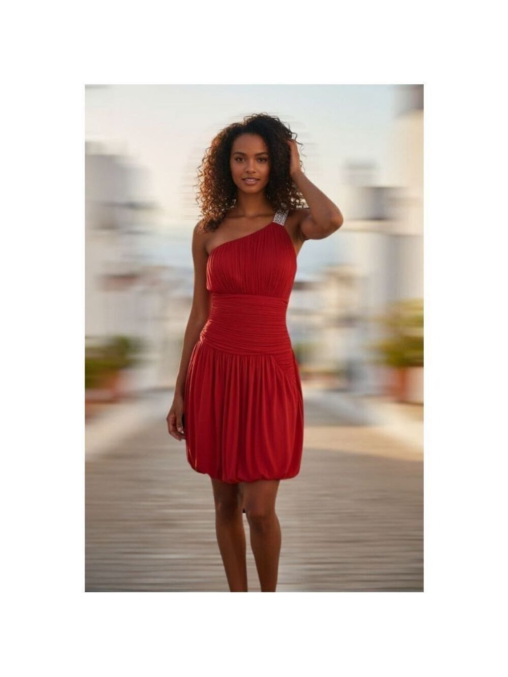 Jovani Red One Shoulder Dress with Silver Chain Rhinestone Strap Size 8